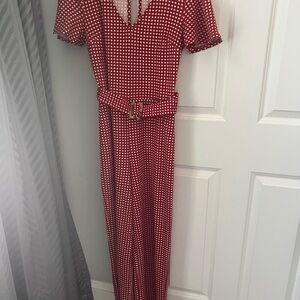 Red and white short sleeve belted checkered jumpsuit. Autumn
